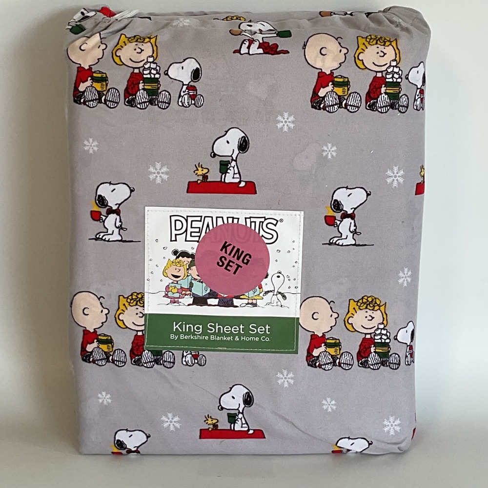 Peanuts Snoopy Charlie Brown King Sheet Set Berkshire Winter Gray Christmas NEW